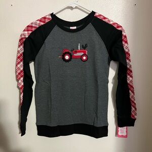 RICRAC & RUFFLES Classic Embroidered Tractor Crewneck Black Grey Red Boy's Sz 10